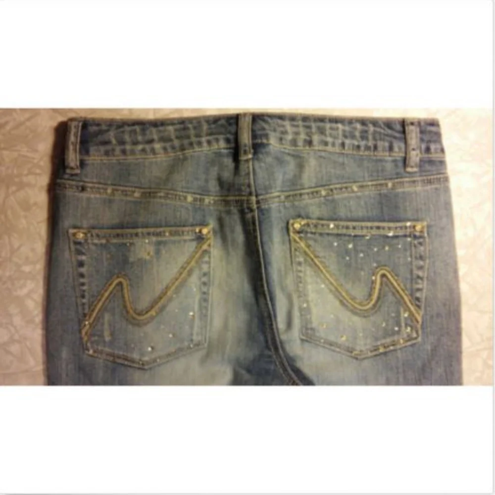 Cache Distressed Rhinestone Patches Bootcut Jeans - Picture 4 of 9